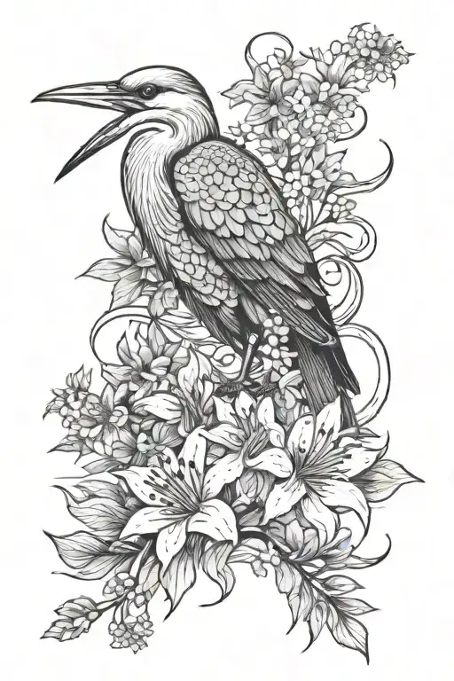 heron, snake, bat, ferns, yarrow, yew, red spider lily, zephyranthes, protea, hibiscus, chrysanthemum tattoo design idea