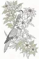 heron, snake, bat, ferns, yarrow, yew, red spider lily, zephyranthes, protea, hibiscus, chrysanthemum tattoo design idea