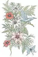 heron, snake, bat, ferns, yarrow, yew, red spider lily, zephyranthes, protea, hibiscus, chrysanthemum tattoo design idea
