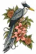 heron, snake, bat, ferns, yarrow, yew, red spider lily, zephyranthes, protea, hibiscus, chrysanthemum tattoo design idea
