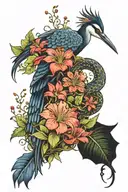 heron, snake, bat, ferns, yarrow, yew, red spider lily, zephyranthes, protea, hibiscus, chrysanthemum tattoo design idea