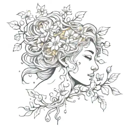 Sakura tree leaves on forarm with medusa's head in it somewhere with petals falling down  tattoo design idea