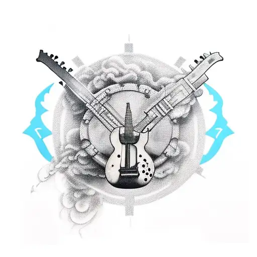 A guitar made of military plane parts with smoke and fire coming out of it tattoo design idea