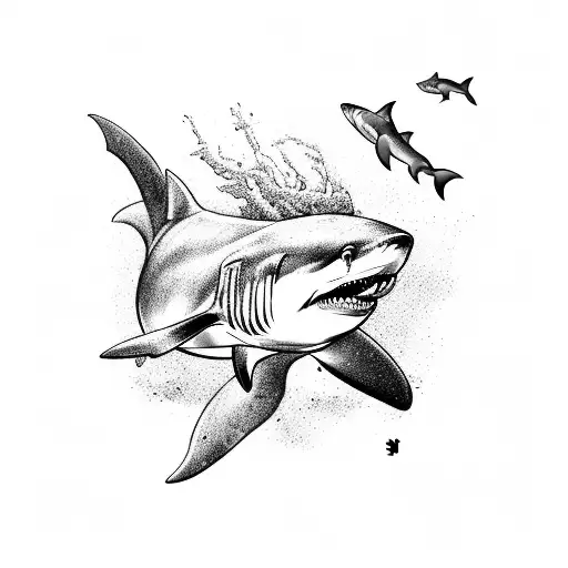 A black-grey tattoo of a veterinary symbol incorporated into a majestic underwater scene with sharks and other marine animals tattoo design idea