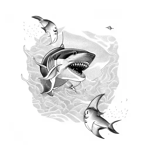 An intricate blackwork design of a shark swimming through a school of fish in the depths of the ocean tattoo design idea