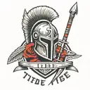 spartan helmet, shield and two spears. under the tattoo its written tribe tattoo design idea