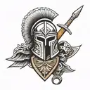 spartan helmet, shield and two spears. under the tattoo its written tribe tattoo design idea