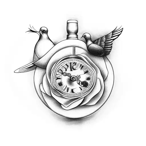 clock with a dove and roses tattoo design idea