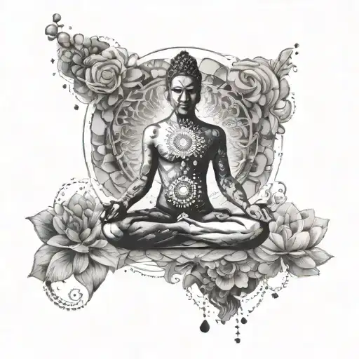 A person meditates, Hoponopono and chakras tattoo design idea