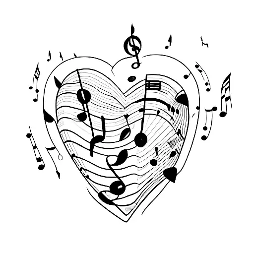 A heart-shaped guitar with musical notes as the strings and stars as the fret markers tattoo design idea