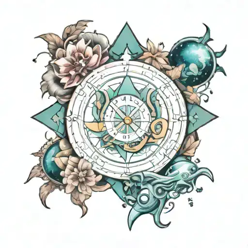Arm tattoo where things related to the zodiac sign Pisces appear; the planet Neptune and in the center tattoo design idea
