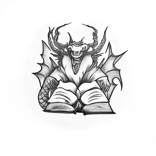 sandman with a book in his arms that has pages flying around which change into a gothic castle guarded by a dragon tattoo design idea