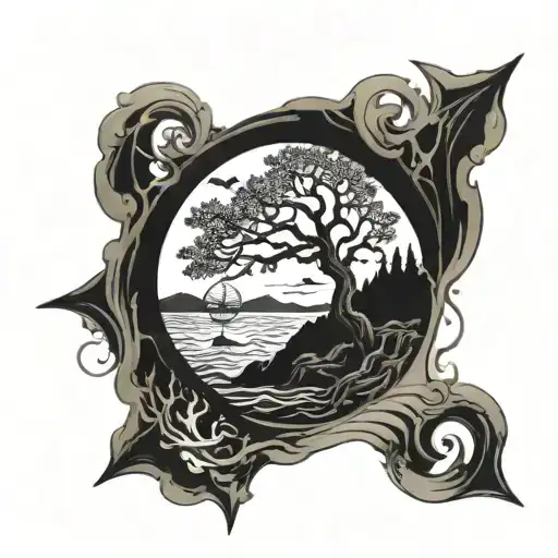 mixed vidéo game thc travel tree and sea tattoo design idea