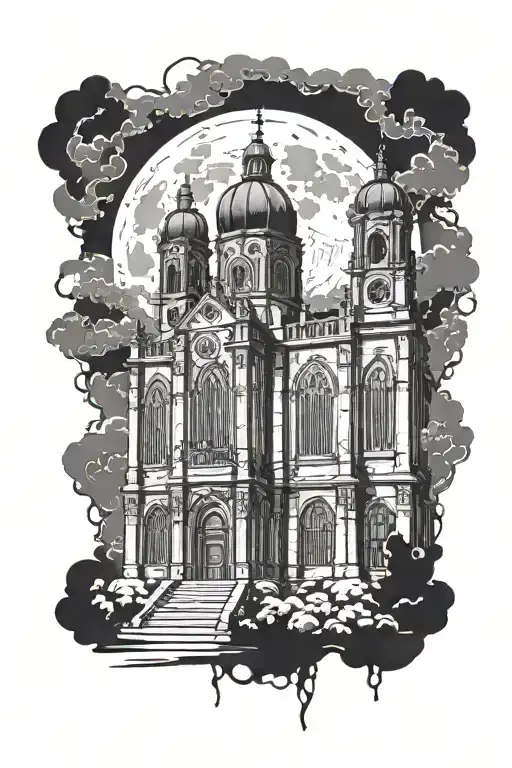 Gothic cathedral under a threatening full moon, surrounded by dark clouds creating an eerie atmosphere tattoo design idea