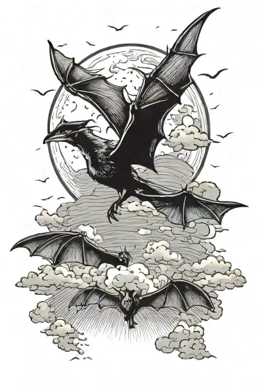 Bats fly against a dark sky, with sharp wings, a full moon and gloomy clouds in the background. tattoo design idea