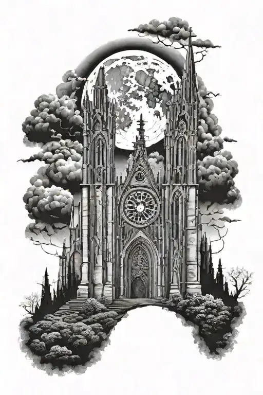 Gothic cathedral under a threatening full moon, surrounded by dark clouds creating an eerie atmosphere tattoo design idea