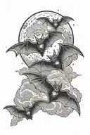 Bats fly against a dark sky, with sharp wings, a full moon and gloomy clouds in the background. tattoo design idea