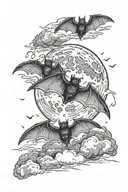 Bats fly against a dark sky, with sharp wings, a full moon and gloomy clouds in the background. tattoo design idea