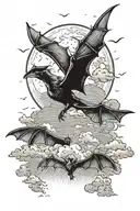 Bats fly against a dark sky, with sharp wings, a full moon and gloomy clouds in the background. tattoo design idea