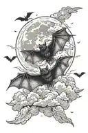 Bats fly against a dark sky, with sharp wings, a full moon and gloomy clouds in the background. tattoo design idea