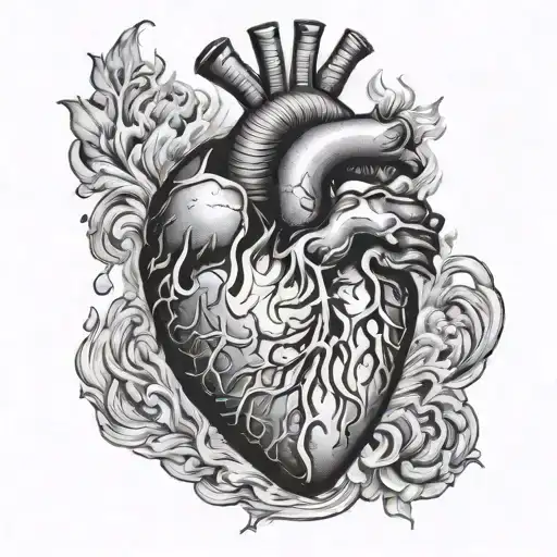 anatomically correct heart on fire tattoo design idea