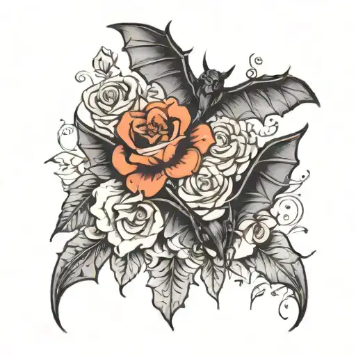 flowers and upside down bat flying tattoo design idea