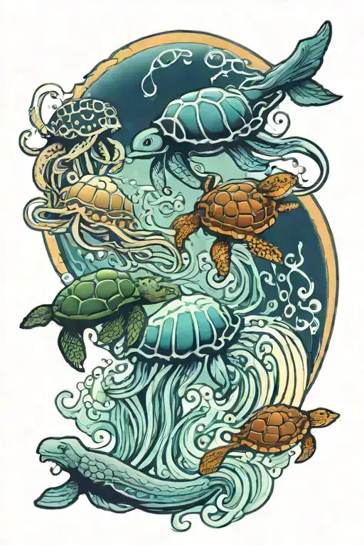 jelly fish, octopus, sea turtle, waves flow  tattoo design idea