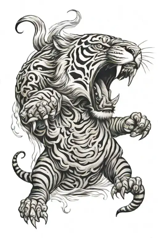 male aquarius and fire tiger roaring tattoo design idea