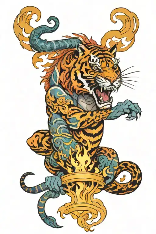 male aquarius and fire tiger roaring tattoo design idea