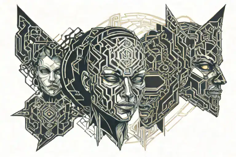 stalker and female in mask adorned tattoo design idea