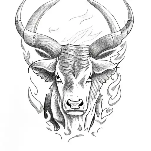A sketch-style tattoo of a Texas longhorn surrounded by fire tattoo design idea
