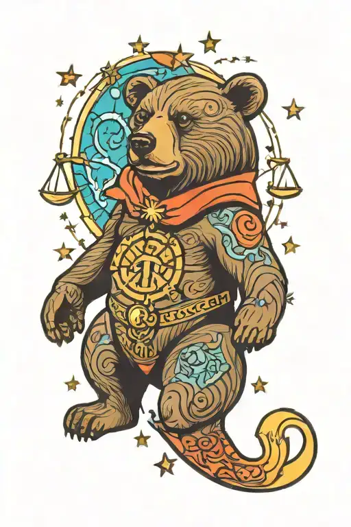 bear with Libra and Pisces zodiac sign tattoo design idea