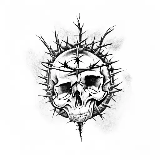 Design a skull wearing a crown of thorns with clouds tattoo design idea