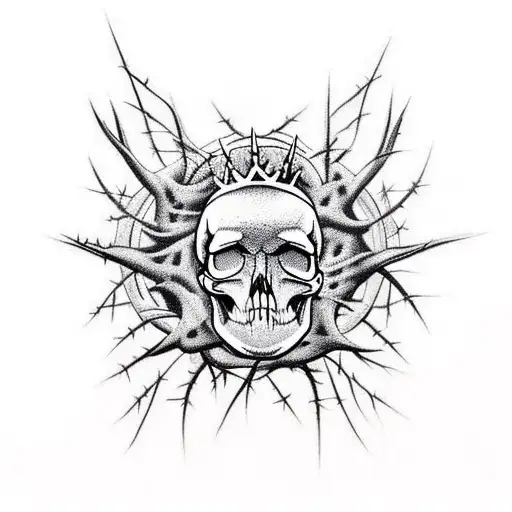 Design a skull wearing a crown of thorns with clouds tattoo design idea