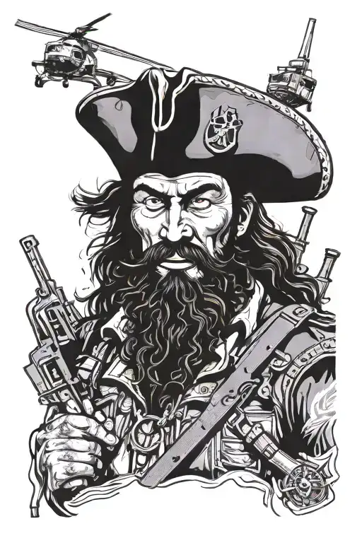 A realistic portrait of Blackbeard with a modern twist, incorporating elements of the Vietnam War, such as helicopters or soldiers, in a blackwork style tattoo design idea