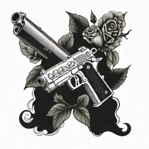 a pistol m1911 with a silencer covered around with rose growing  tattoo design idea