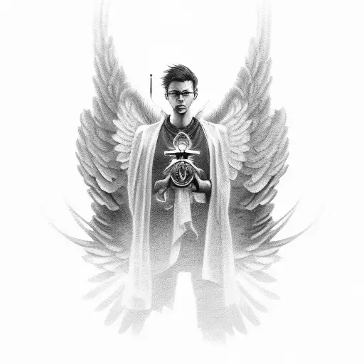 father and two sons with guardian angel background tattoo design idea