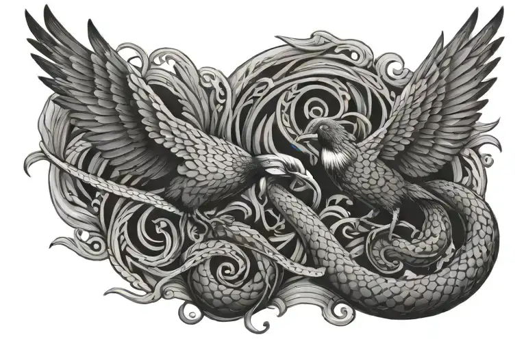 pheasant fighting with a snake intertwined tattoo design idea