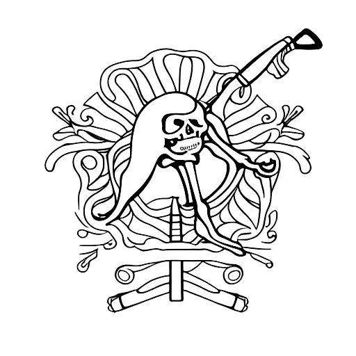 A minimalist tattoo of a skeleton wearing a flowered golf shirt, teeing off with a golf club tattoo design idea