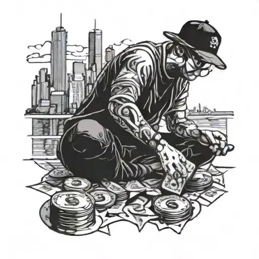 A hustler counting money with a city skyline in the background tattoo design idea