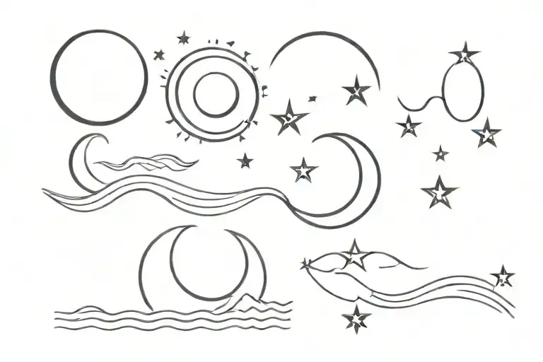 single wave with the sun, crescent moon, and a single star, all drawn with one line tattoo design idea