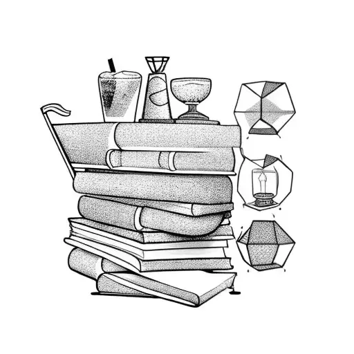 A stack of books with a cocktail glass and business briefcase symbolizing the client's occupations tattoo design idea