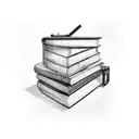 A stack of books with a cocktail glass and business briefcase symbolizing the client's occupations tattoo design idea