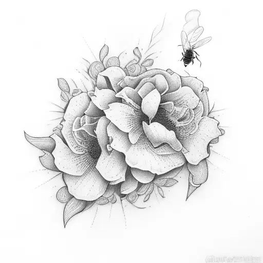 fine line flowers with bees tattoo design idea
