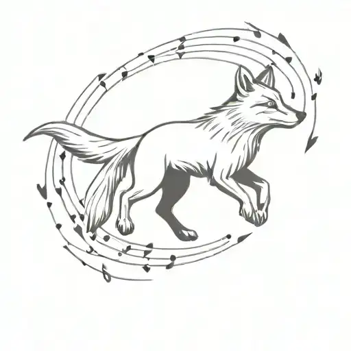 minimalist tattoo of fox running, and music notes flying behind him tattoo design idea