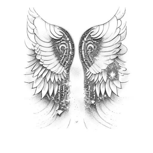 cat, angel wings, galaxy, crystals tattoo design idea