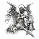 angel with sword kneeling before a cross tattoo design idea