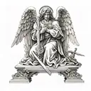 angel with sword kneeling before a cross tattoo design idea