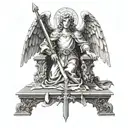 angel with sword kneeling before a cross tattoo design idea
