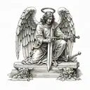 angel with sword kneeling before a cross tattoo design idea